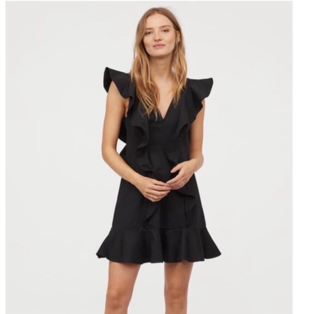 H&M V Neck Flounced Black Dress Size 18